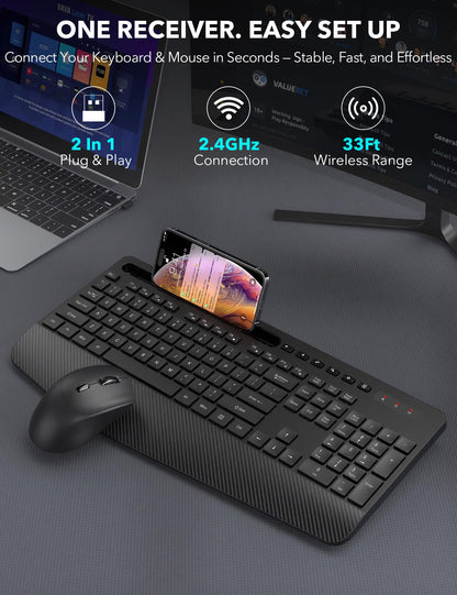 Wireless Keyboard and Mouse Combo - Full-Sized Ergonomic Keyboard with Wrist Rest, Phone Holder, Silent 2.4GHz Cordless Keyboard Mouse for Computer, Laptop, PC, Mac, Windows (Black, 1 Pack)