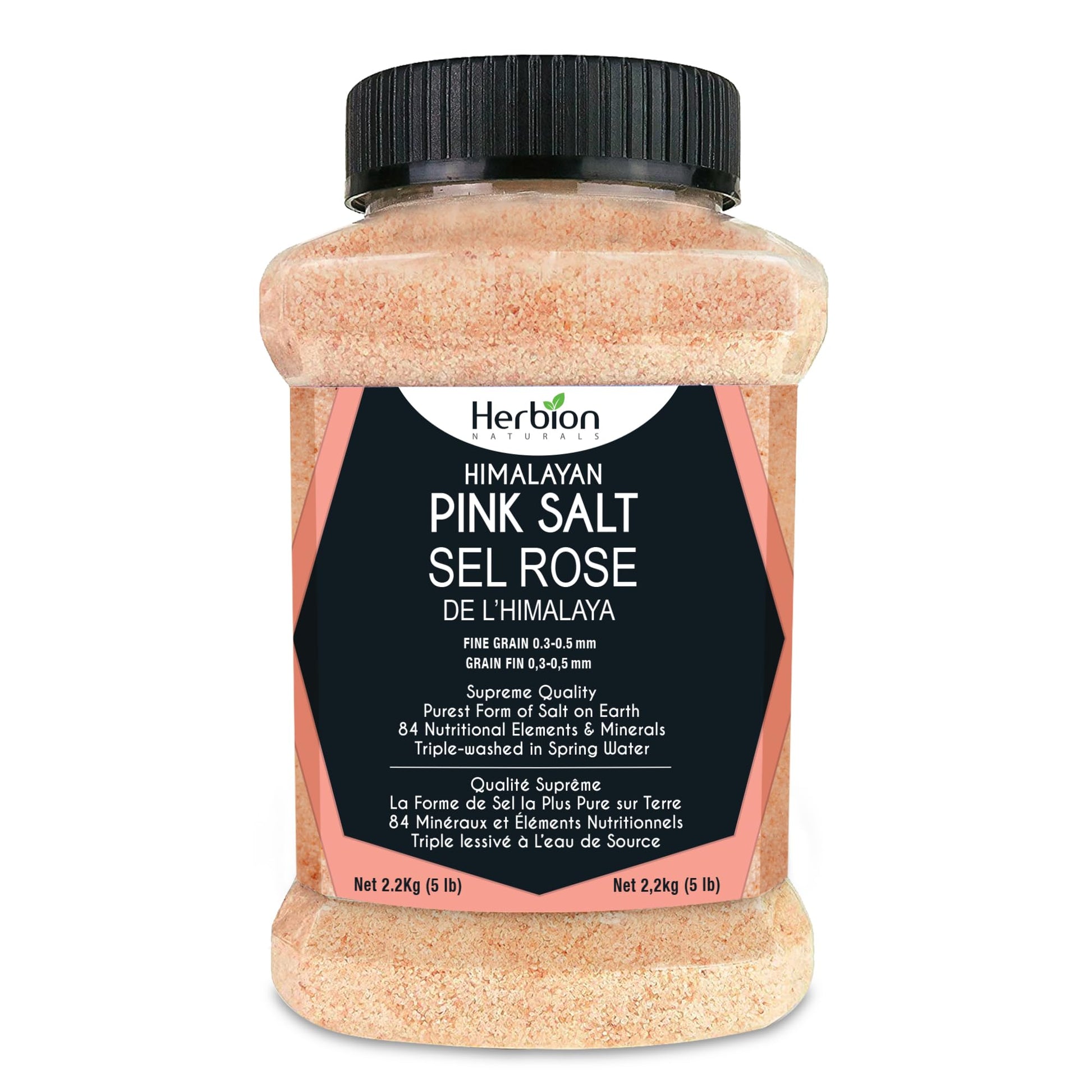 Herbion Naturals Himalayan Pink Salt - Fine Grain - 5 lb. (2.2 Kg) Unbreakable Jar - Kosher Certified - GMO-Free - Vegan - Supreme Quality - Chemical Free