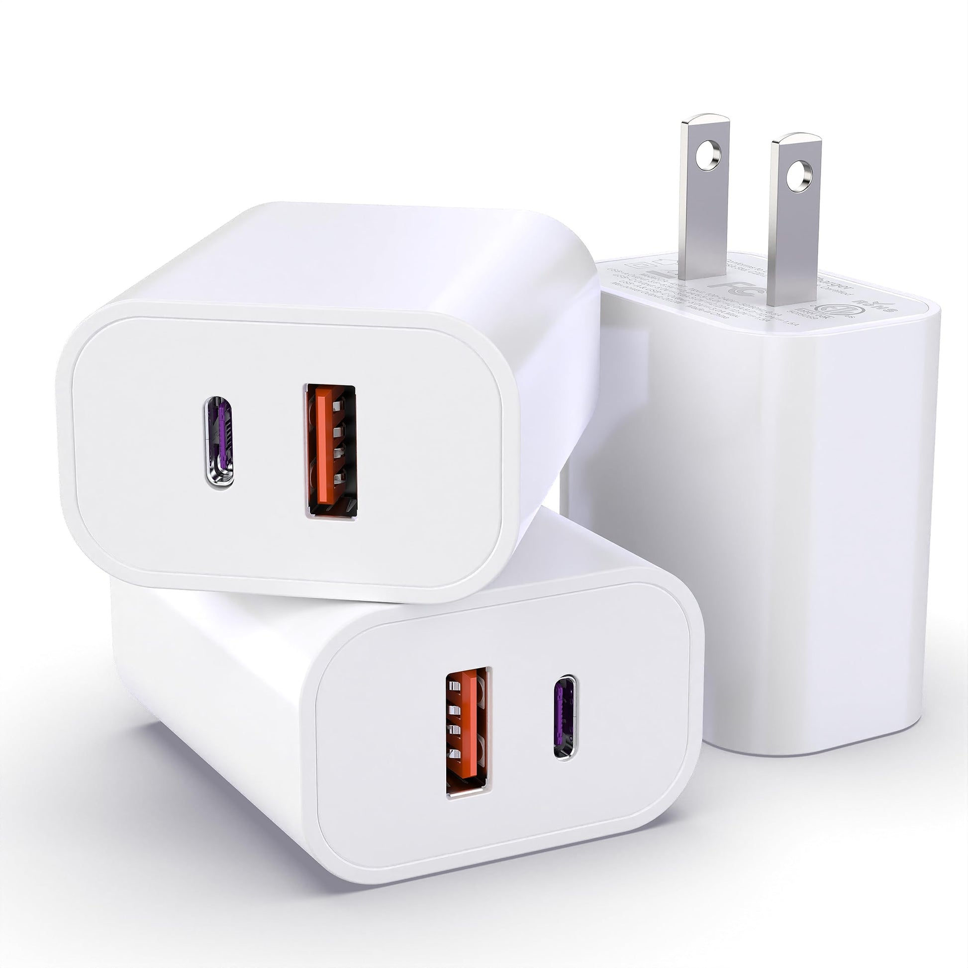 3-Pack USB C Block, 20W Dual Port PD+QC, USB C Charger Wall Adapter, Fast Type C Charging Plug Compatible with iPhone 17,16,15,14,13,12,11, Pro Max, X, XS, Galaxy Phone