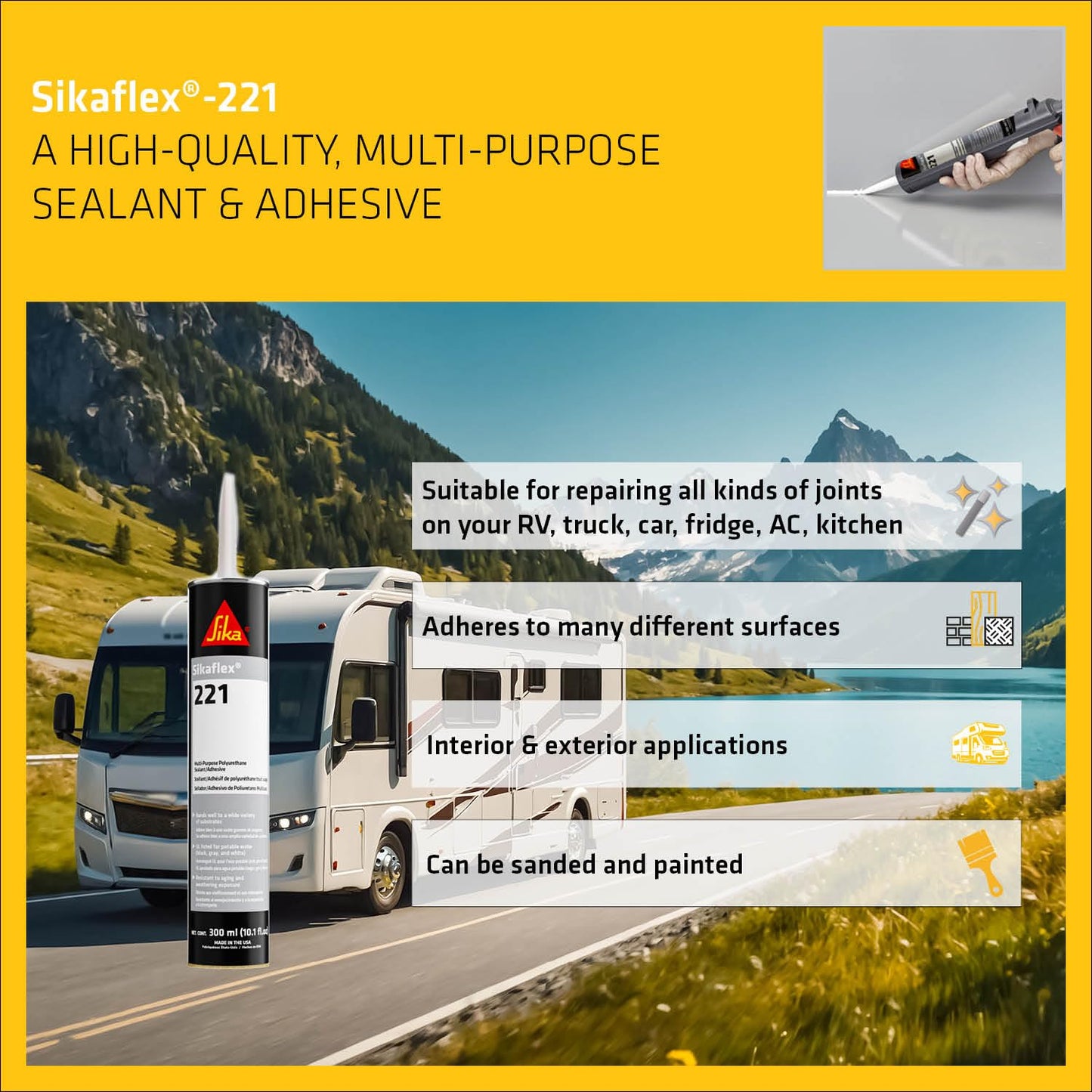 SIKA - Multi-Purpose sealant and Adhesive - Sikaflex-221 - White - Ideal for RV and Motorhome Repair - Permanent - Weather Resistant - Paintable - 300 mL 🍁 All In One Marketplace Canada