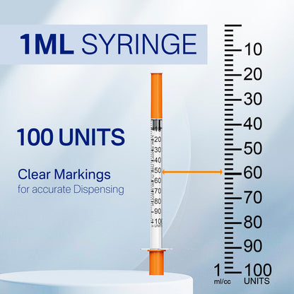1ml Insulin Syringes 30G 5/16 Inch (8mm) with Needle, Individually Wrapped, Pack of 100