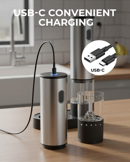 Salt and Pepper Grinder Set, Automatic Salt and Pepper Grinder, USB-C Rechargeable with 5 Adjustable Coarseness, One Hand Operation - Available at All In One Marketplace Canada