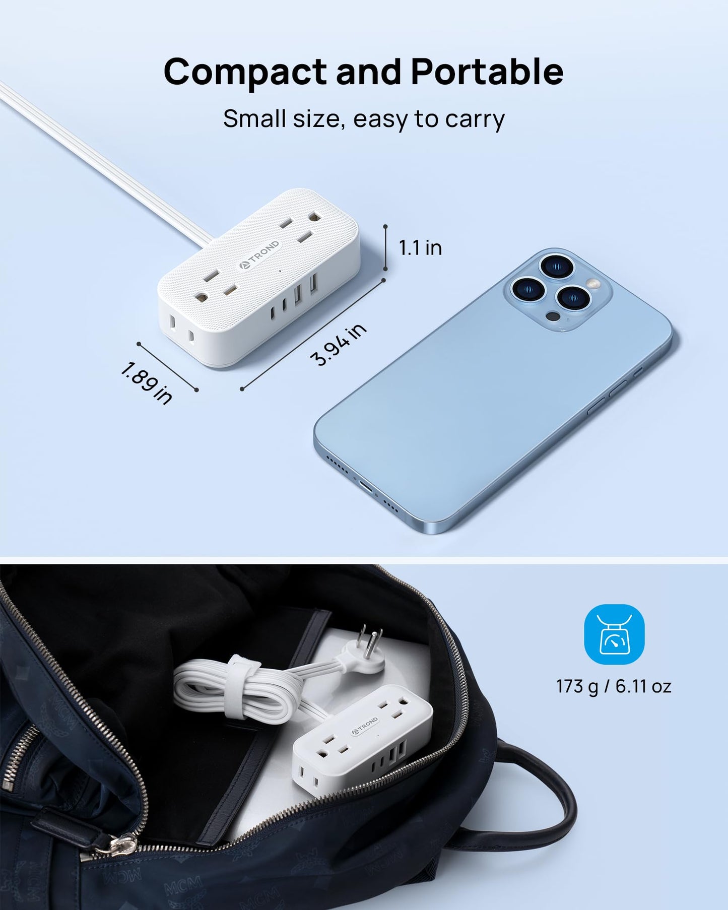 TROND Surge Protector Power Bar with 4 USB Ports(2 USB C), 5FT Slim Flat Plug Extension Cord Indoor, 4 Widely Spaced Outlets, 900J, Wall Mount, Small Power Strip for Office Dorm Home Essentials, White