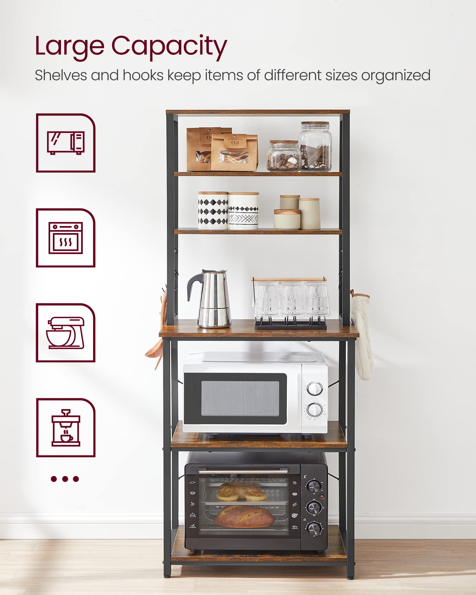 VASAGLE Coffee Bar, Baker’s Rack for Kitchen with Storage, 6-Tier Kitchen Shelves with 6 Hooks, Microwave Stand, Industrial, 15.7 x 23.6 x 65.7 Inches, Rustic Brown and Black UKKS024B01 🍁 All In One Marketplace Canada VASAGLE