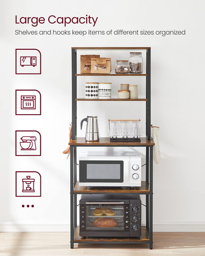 VASAGLE Coffee Bar, Baker’s Rack for Kitchen with Storage, 6-Tier Kitchen Shelves with 6 Hooks, Microwave Stand, Industrial, 15.7 x 23.6 x 65.7 Inches, Rustic Brown and Black UKKS024B01 🍁 All In One Marketplace Canada VASAGLE