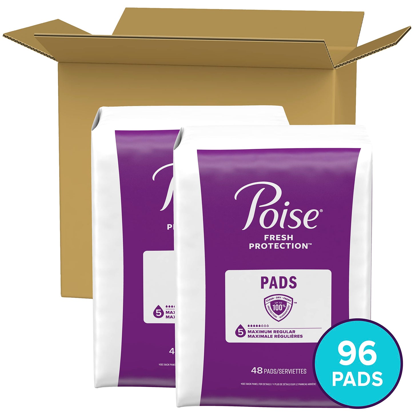 Poise Postpartum Incontinence Pads, Maximum Absorbency, Regular Length, 96 Count (2 packs of 48)