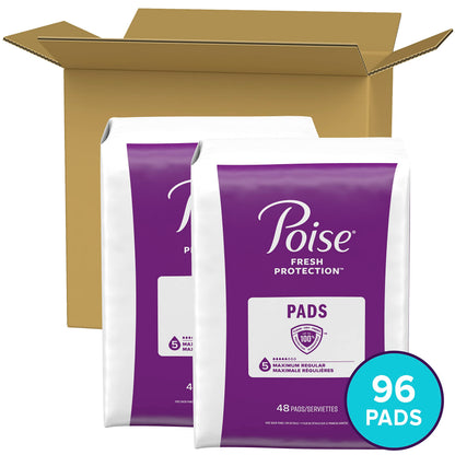 Poise Postpartum Incontinence Pads, Maximum Absorbency, Regular Length, 96 Count (2 packs of 48)