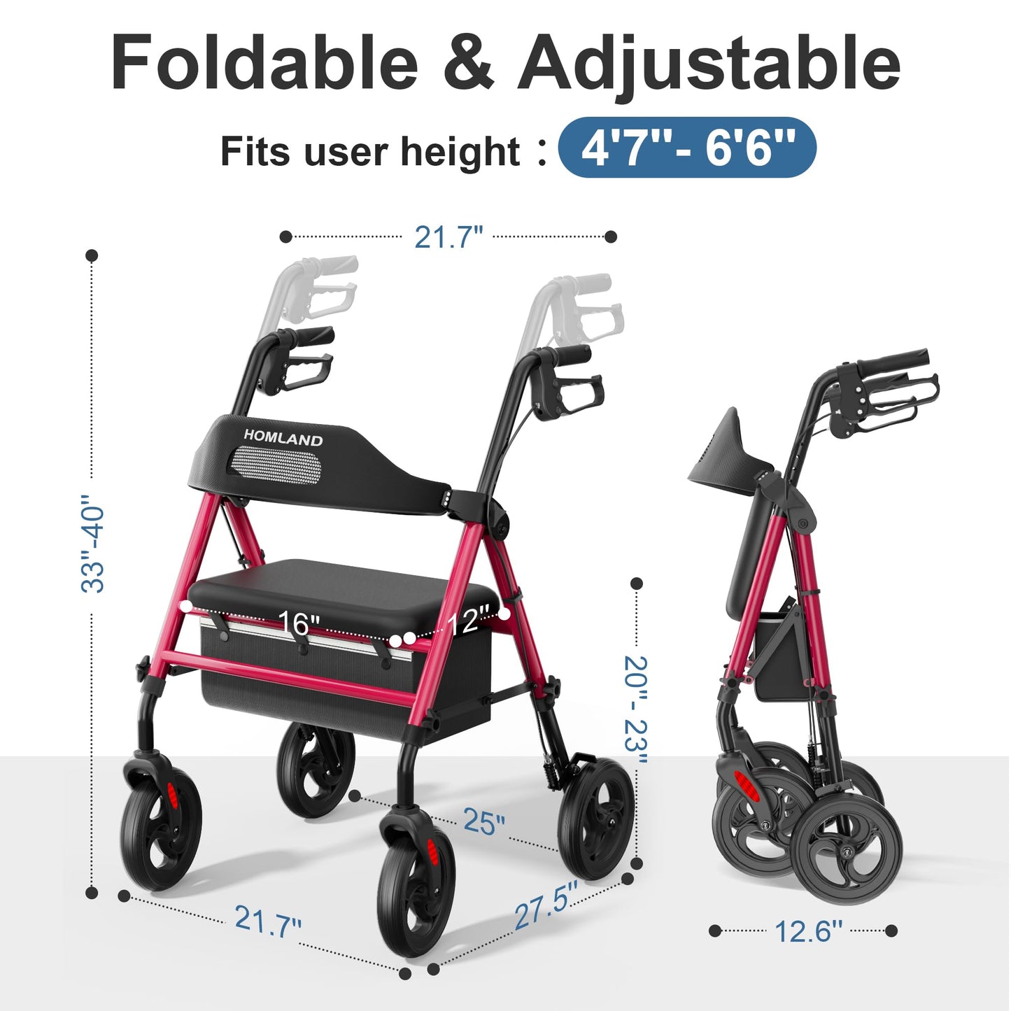 HOMLAND Foldable Rollator Walkers with Seat for Seniors, 8'' Big Wheels, 350 lb. Weight Capacity, Adjustable Handles and Seat Height, Lightweight Rolling Walker, Red - Available at All In One Marketplace Canada