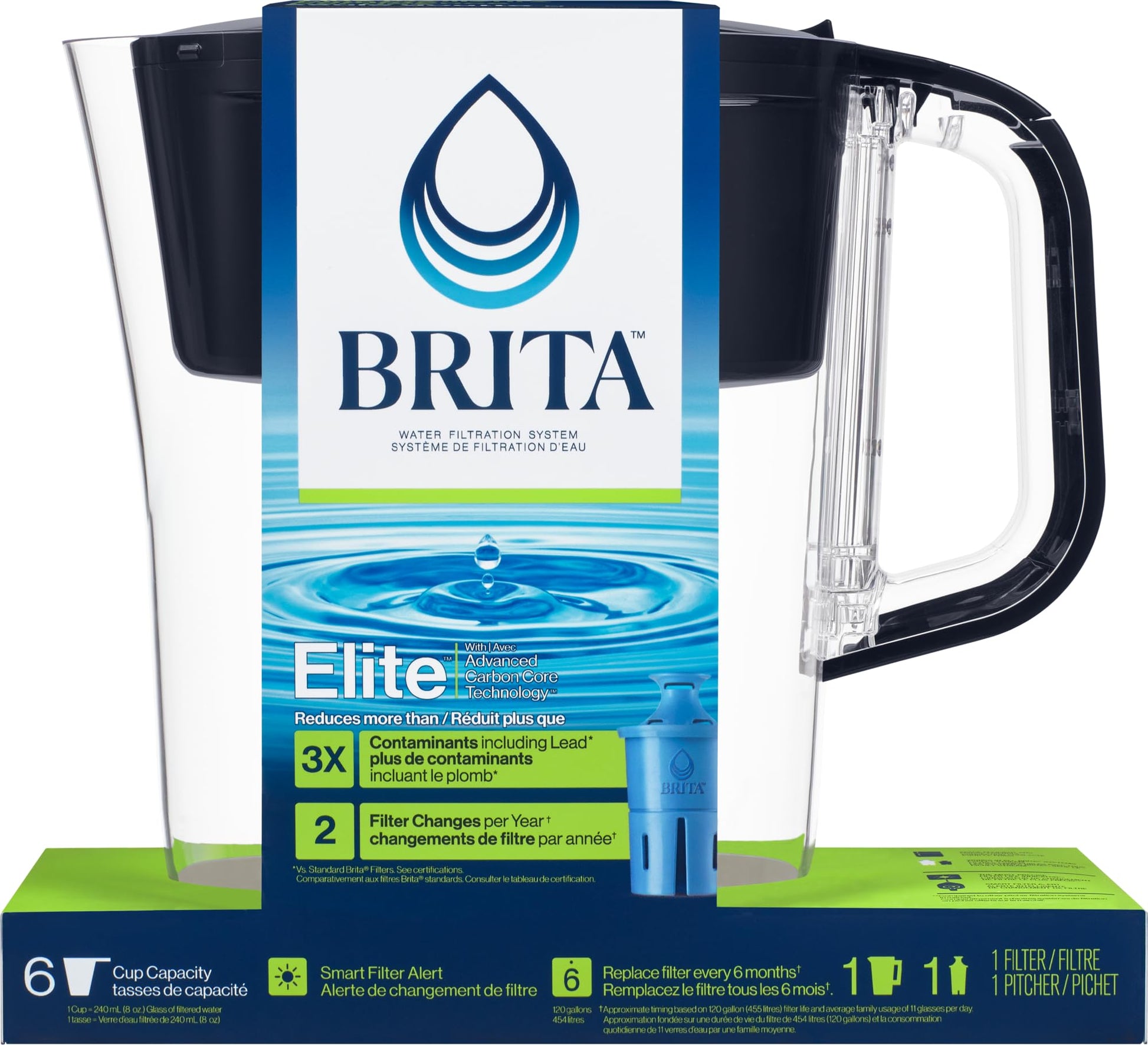 Brita 6 Cup Elite Filter Pitcher with Smart Light Indicator, Reduces 30+ Contaminants including Lead and Microplastics, Filter lasts 6 months, Denali, Black BRITA