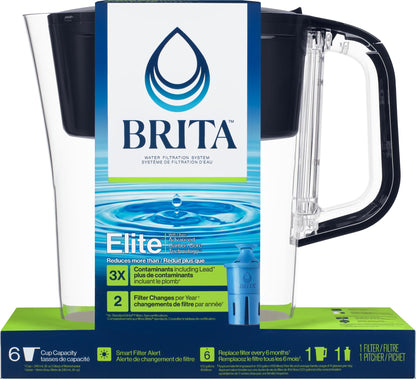 Brita 6 Cup Elite Filter Pitcher with Smart Light Indicator, Reduces 30+ Contaminants including Lead and Microplastics, Filter lasts 6 months, Denali, Black BRITA