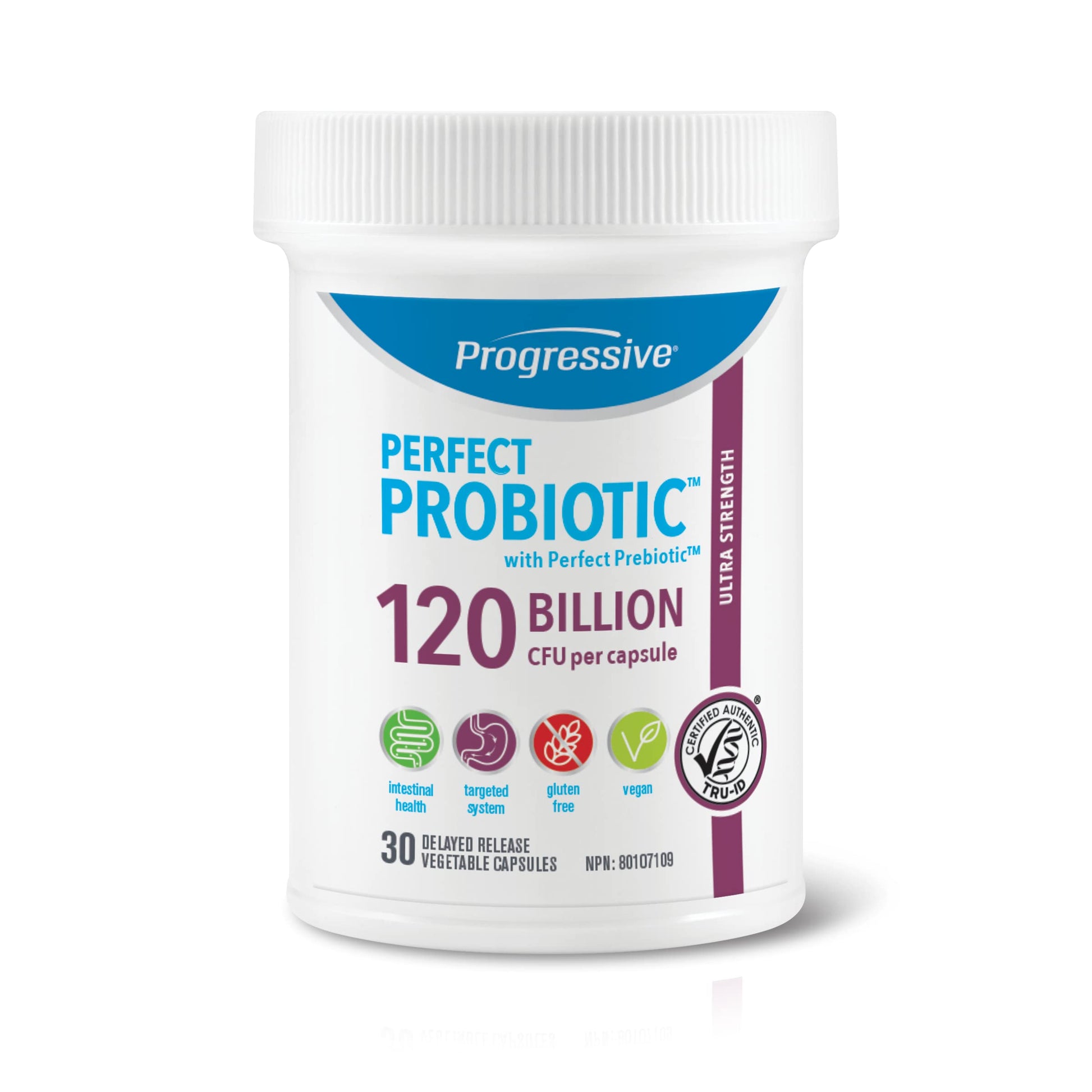 Progressive Perfect Probiotic 120 Billion CFU, Ultra-Strength 11-Strain Formula + Prebiotic Blend, with Lactobacillus plantarum and L. rhamnosus, Delayed-Release Guaranteed Potency, DNA-Verified, Gut and Digestive Support, 30 Vegan Capsules Progressive Health