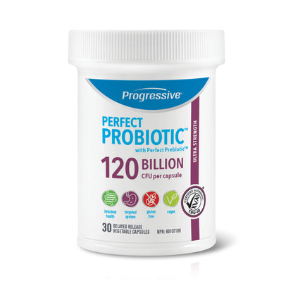 Progressive Perfect Probiotic 120 Billion CFU, Ultra-Strength 11-Strain Formula + Prebiotic Blend, with Lactobacillus plantarum and L. rhamnosus, Delayed-Release Guaranteed Potency, DNA-Verified, Gut and Digestive Support, 30 Vegan Capsules Progressive Health