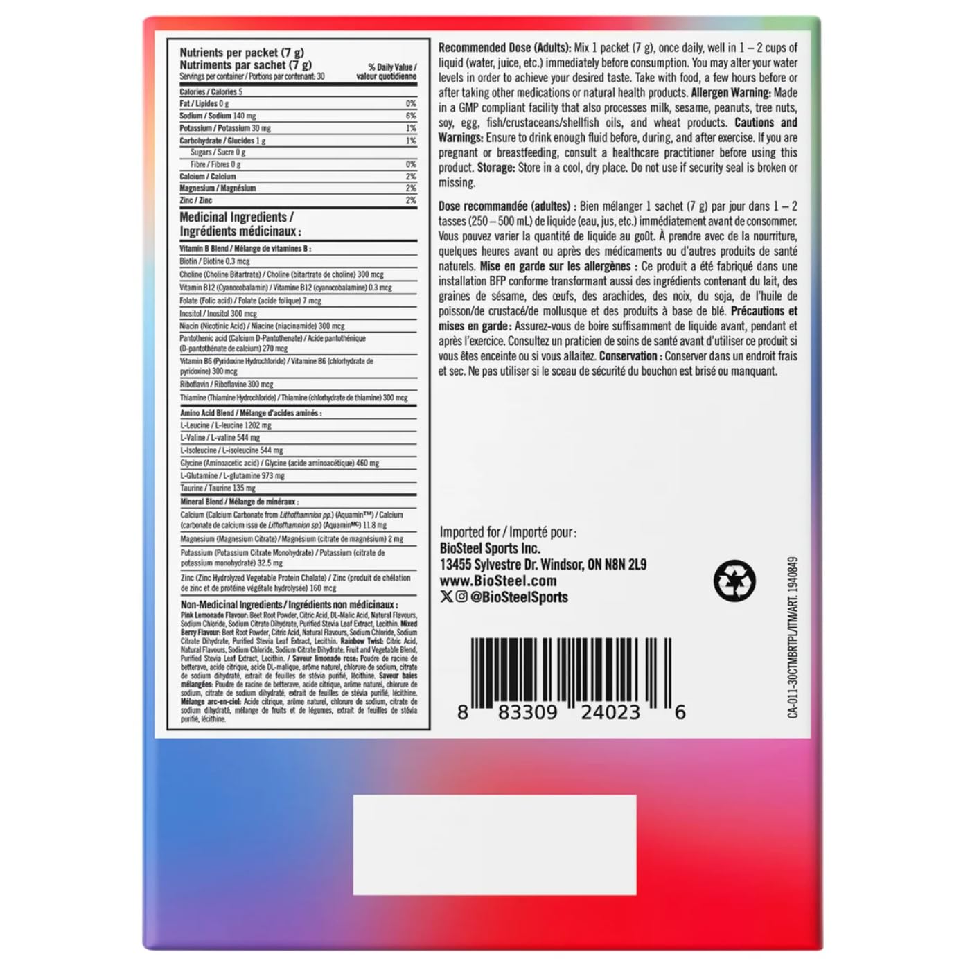 BIOSTEEL Zero Sugar Sports Hydration Mix Variety - Mixed Berry, Rainbow Twist & Pink Lemonade Flavours, 30 Packets