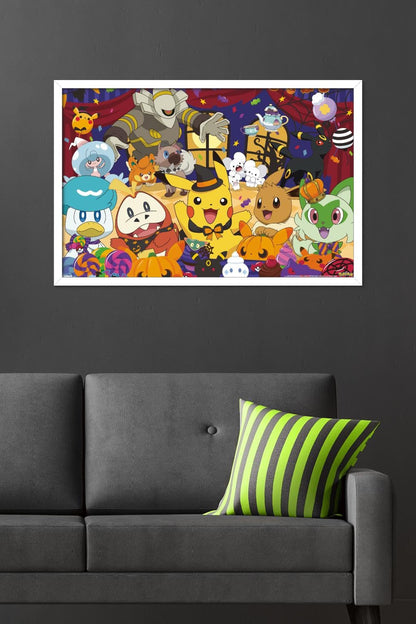Pokémon: Halloween Party- Group Wall Poster, 34L" x 22.4W", White Framed Version