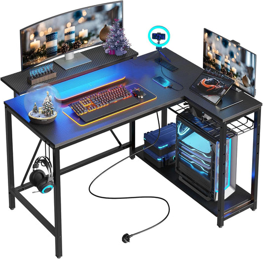 Bestier 42 inch L Shaped Gaming Desk with Power Outlets & Shelves Black