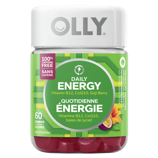 OLLY Daily Energy Gummy Supplement 100% caffeine-free energy vitamins Tropical Passion blend of vitamin B12, CoQ10 & Goji Berry 30 day supply 60 gummies - Available at All In One Marketplace Canada