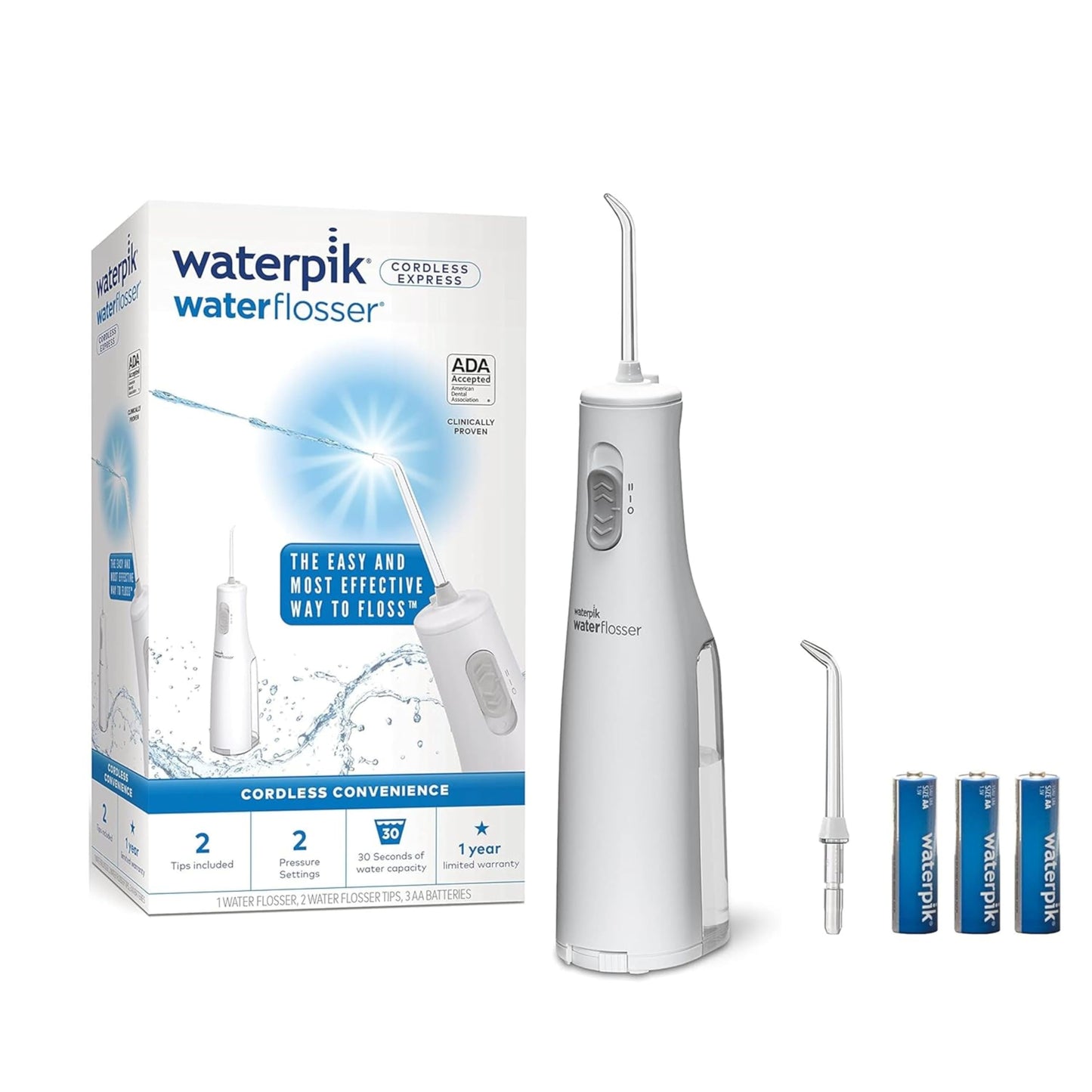 Waterpik Cordless Express Water Flosser, Battery Operated & Portable for Travel & Home, CDA Validated, Waterproof for Shower Use, White WF-02, Packaging May Vary Waterpik
