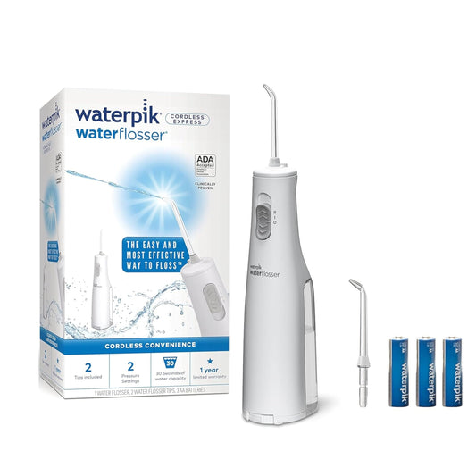 Waterpik Cordless Express Water Flosser, Battery Operated & Portable for Travel & Home, CDA Validated, Waterproof for Shower Use, White WF-02, Packaging May Vary Waterpik
