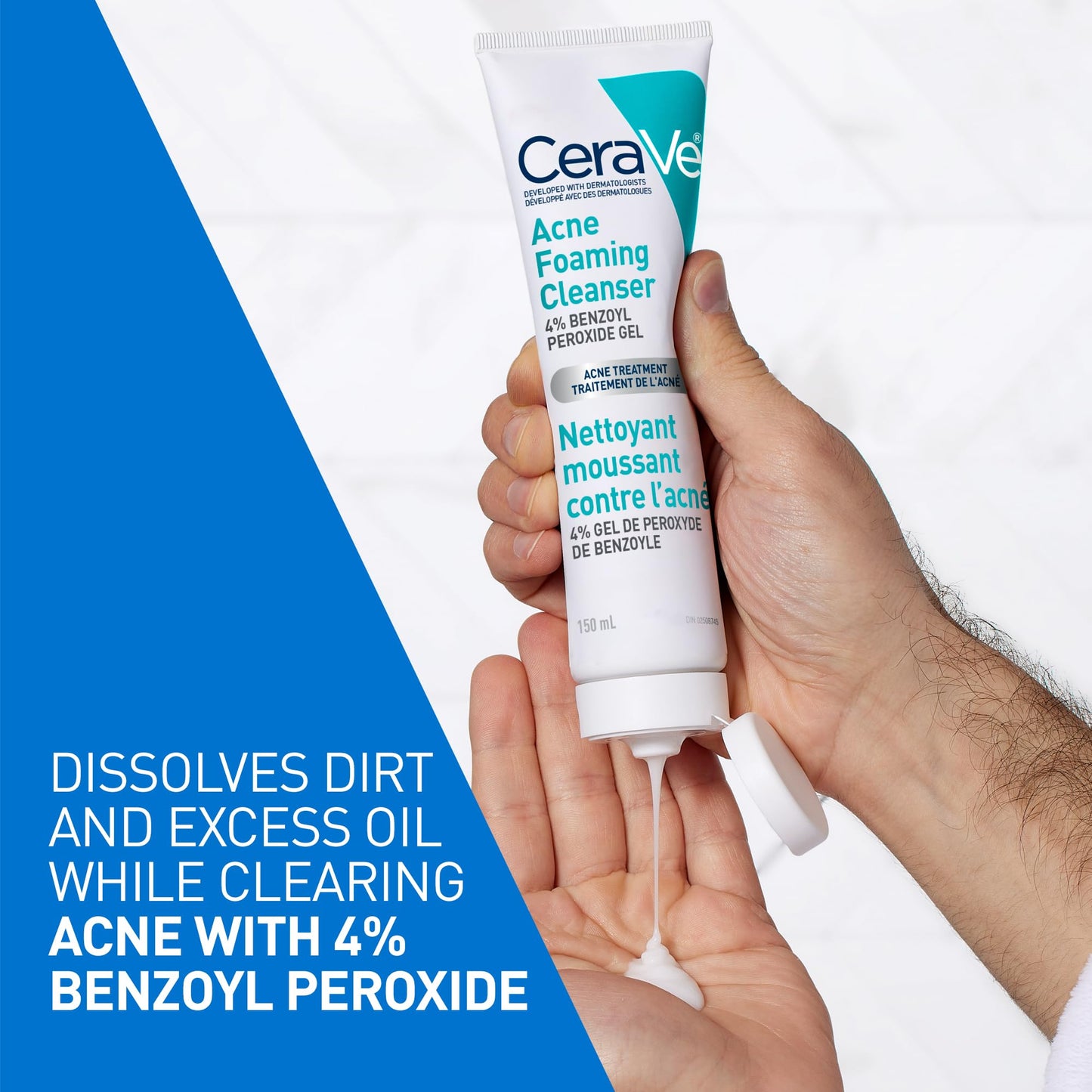 CeraVe 4% Benzoyl Peroxide Acne Treatment Foaming Cleanser Face & Body Wash, with Hyaluronic Acid and Niacinamide. Helps Clear Acne Pimples and prevent breakouts. Gentle Gel, Fragrance-Free, 150ML