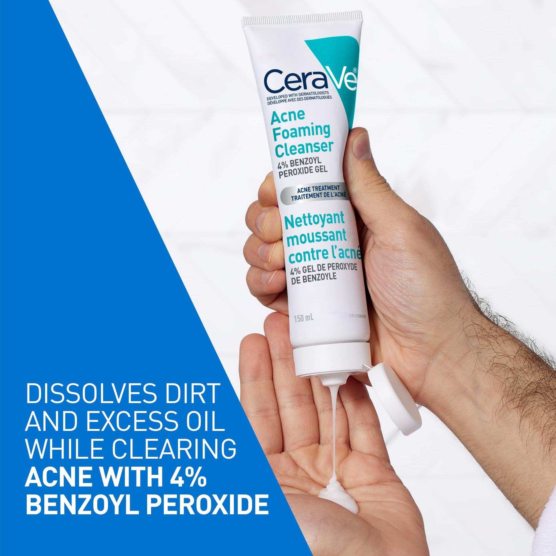CeraVe 4% Benzoyl Peroxide Acne Treatment Foaming Cleanser Face & Body Wash, with Hyaluronic Acid and Niacinamide. Helps Clear Acne Pimples and prevent breakouts. Gentle Gel, Fragrance-Free, 150ML