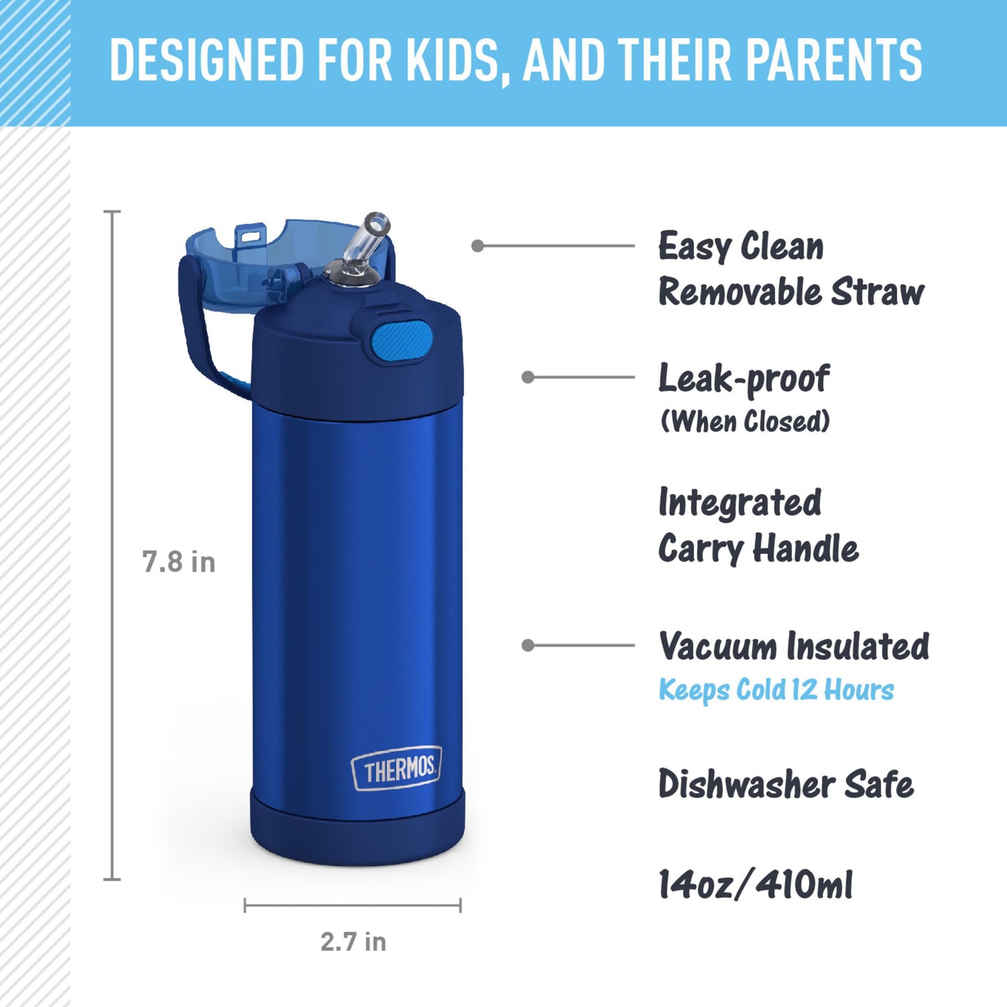 THERMOS FUNTAINER Water Bottle with Straw, 14oz, Navy