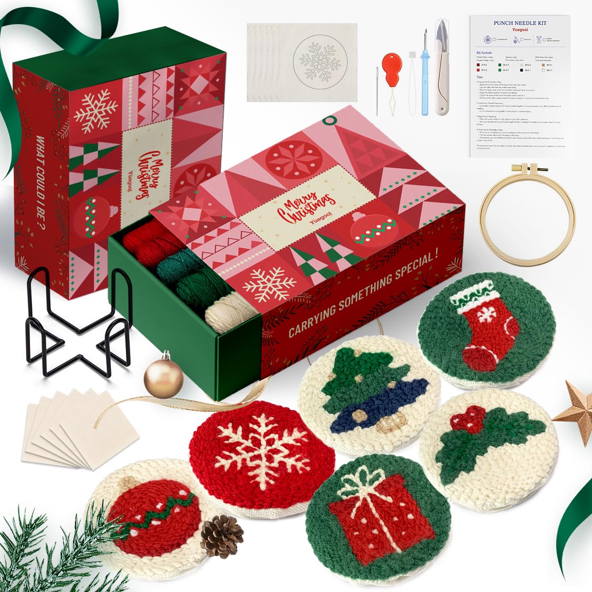 yuegool 6PCS Christmas Punch Needle Coasters Kit,Easy DIY Punch Needle Embroidery Kit for Beginners Adults Kids Including Patterns, Tools, Yarns, Hoop, Instruction, Coaster Holder Art Craft Supplies 🍁 All In One Marketplace Canada