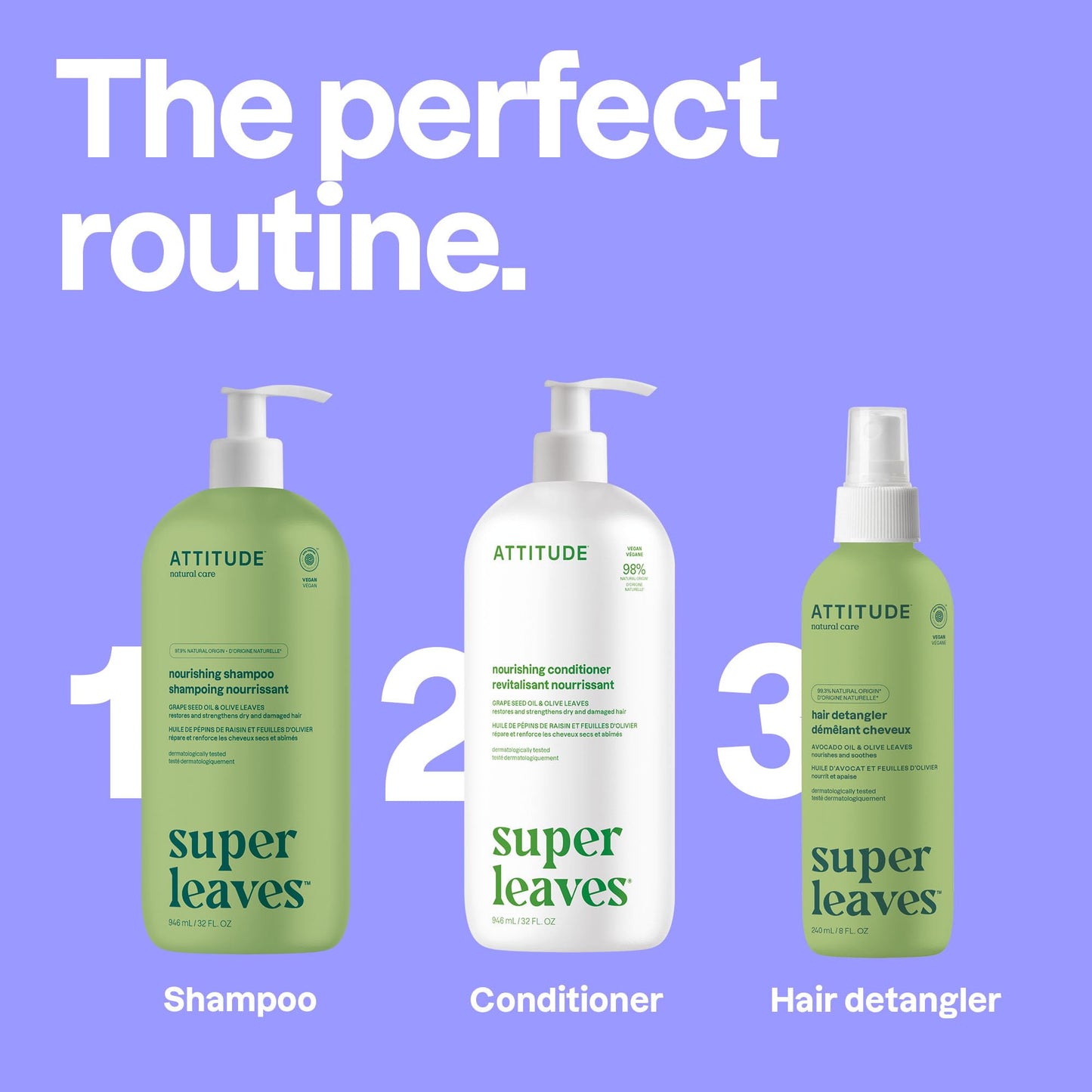 ATTITUDE Nourishing Hair Shampoo, Made in Canada, EWG Verified, For Dry and Damaged Hair, Naturally Derived Ingredients, Vegan and Plant Based, Grapeseed Oil and Olive Leaves, 946 mL
