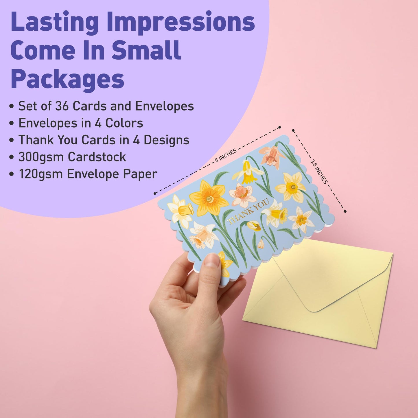 S&O Floral Thank You Cards with Envelopes – 36 Blank Cards – 4 Assorted Sunlit Meadows Designs with Gold Foil – 3.5x5" Pastel Thank You Note Cards – Pink, Green, Yellow & Blue Envelopes - Available at All In One Marketplace Canada