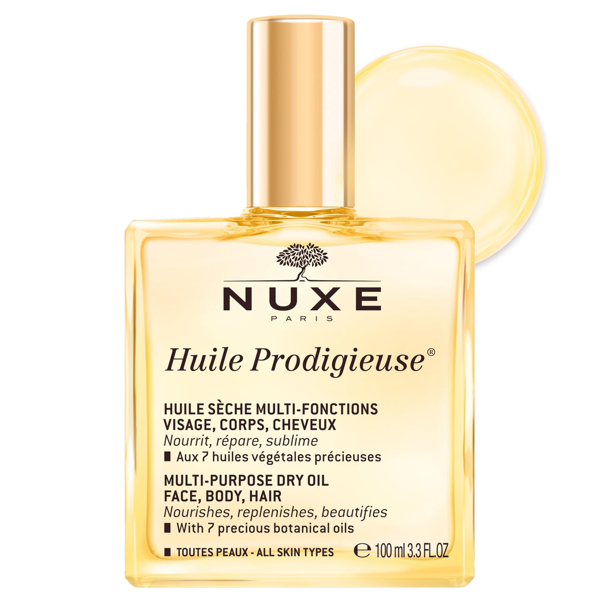 NUXE Huile Prodigieuse Multi-Purpose Dry Oil - Radiant Glow and Lightweight Hydration for Face, Body & Hair. Nourishes, Repairs and Enhances - 100mL Nuxe