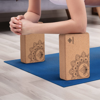 Overmont Cork Yoga Blocks 2 pack with Strap Set Natural Cork Yoga Bricks- High Density & Non-Slip Yoga Accessories for Women - Ideal for Yoga Pilates Fitness and Stretching 9x6x3'' OVERMONT