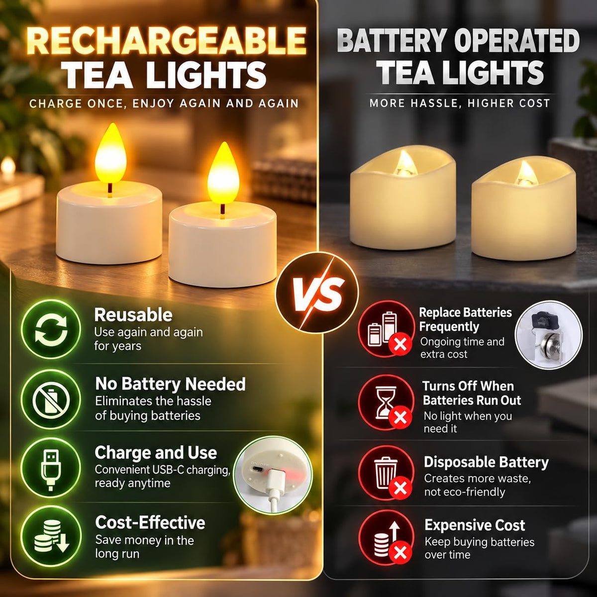 SoulBay Rechargeable Tea Lights with Remote, 12 LED Votive Candles, USB-C 🍁 All In One Marketplace Canada