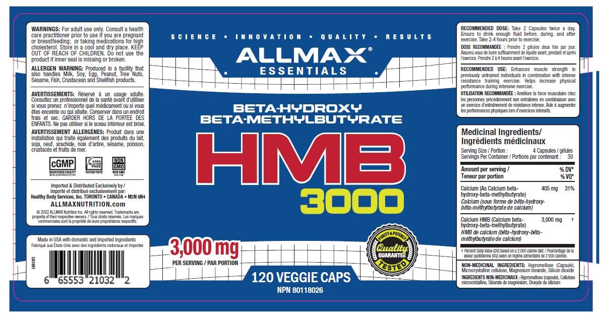 ALLMAX HMB Capsules, 3000 mg, 120 Count, 30 Servings ALLMAX