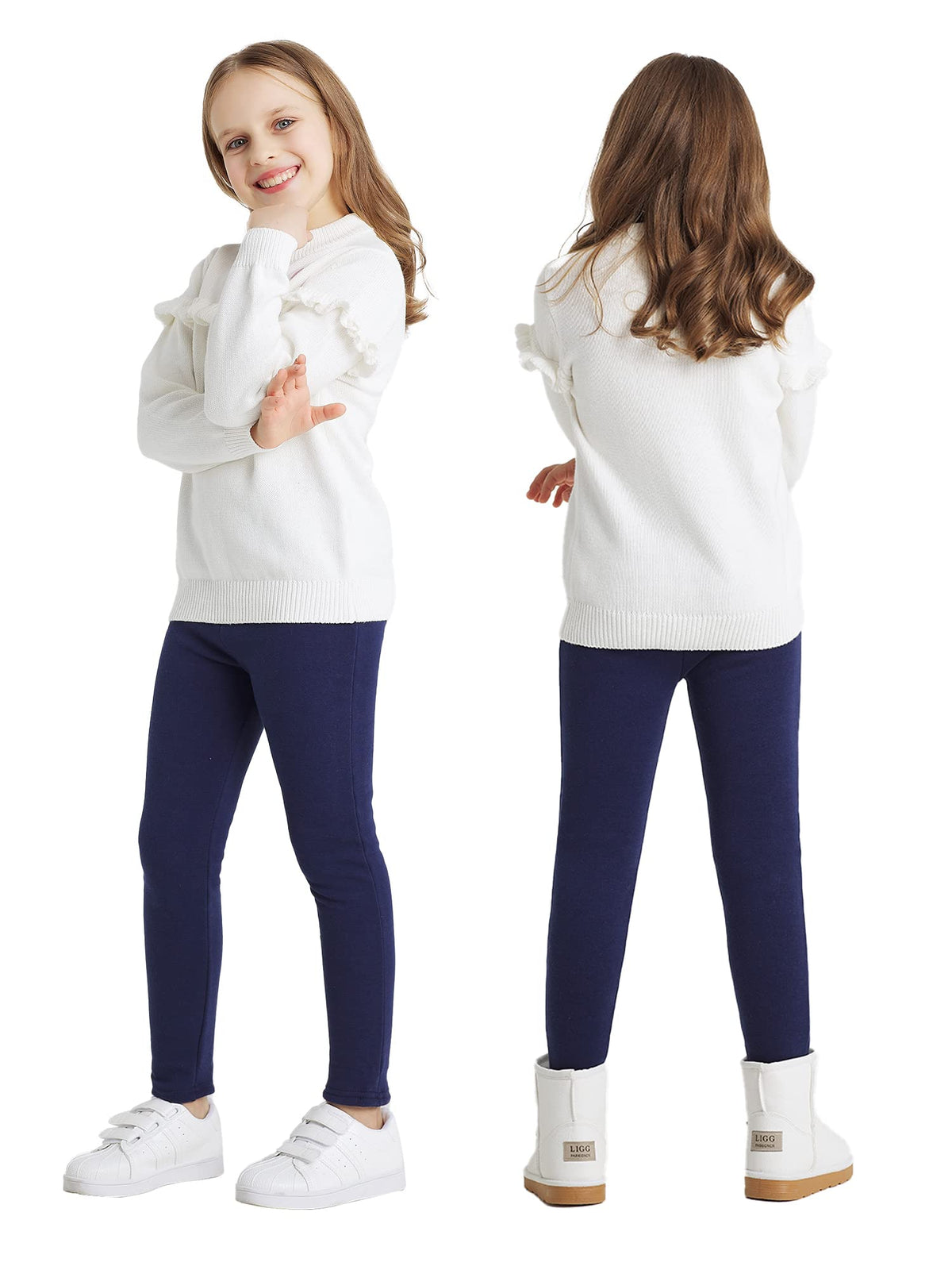 Adorel Girls' Fleece Lined Leggings Winter Pants Thermal Cotton Solid Color Pack of 2 Black, Navy Blue 4T (Manufacturer Size: 110) 🍁 All In One Marketplace Canada