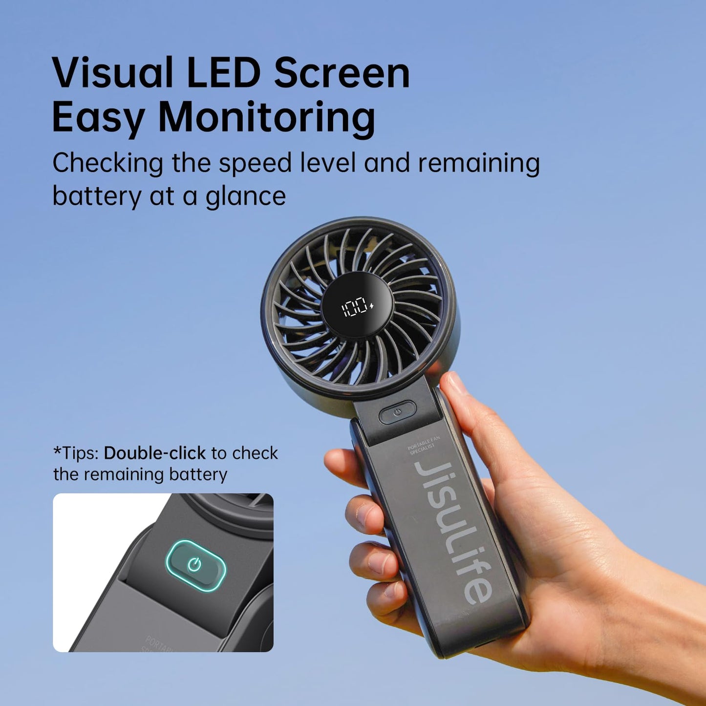 JISULIFE Handheld Fan Life7 – Ultimate Flexibility: High-Power Motor, LED Display, 5000mAh Rechargeable, 5-Speed, Foldable Design, 3-IN-1 Portable Hand/Desk/Neck Fan for Travel, Gift for Women (Black) - Available at All In One Marketplace Canada