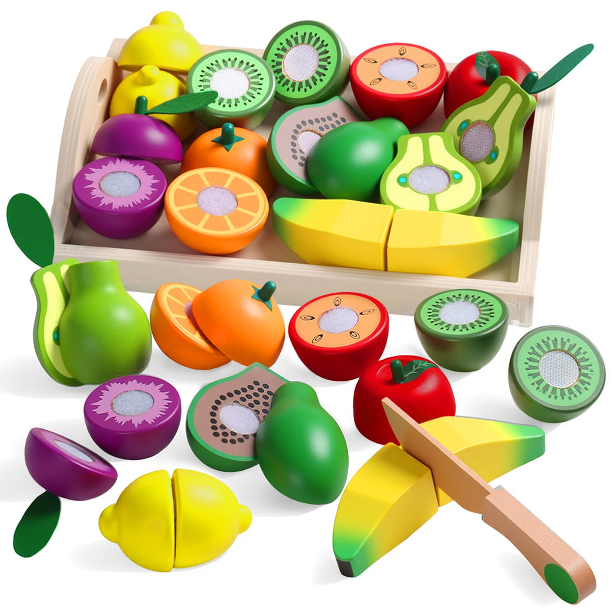 Wooden Play Food Set with Fruit Cutting, Montessori Toys for 2 Year Olds 🍁 All In One Marketplace Canada