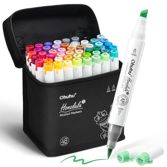 Ohuhu Alcohol Markers Brush Tip: 48 Colors Brush & Chisel Dual Tips Drawing Marker for Beginners Adults Artists Coloring Books Illustration Sketching- Honolulu 2- AP Certified Refillable Ink - Available at All In One Marketplace Canada