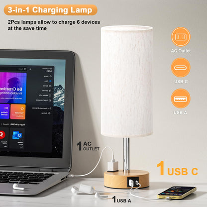 Table Lamp for Bedroom Set of 2 - Touch 3 Way Dimmable Bedside Lamps with USB C and A Ports, Night Lamp for Nightstand with AC Outlet, Desk Lamps for Living Room, Reading Room, Kids Room, Office - Available at All In One Marketplace Canada