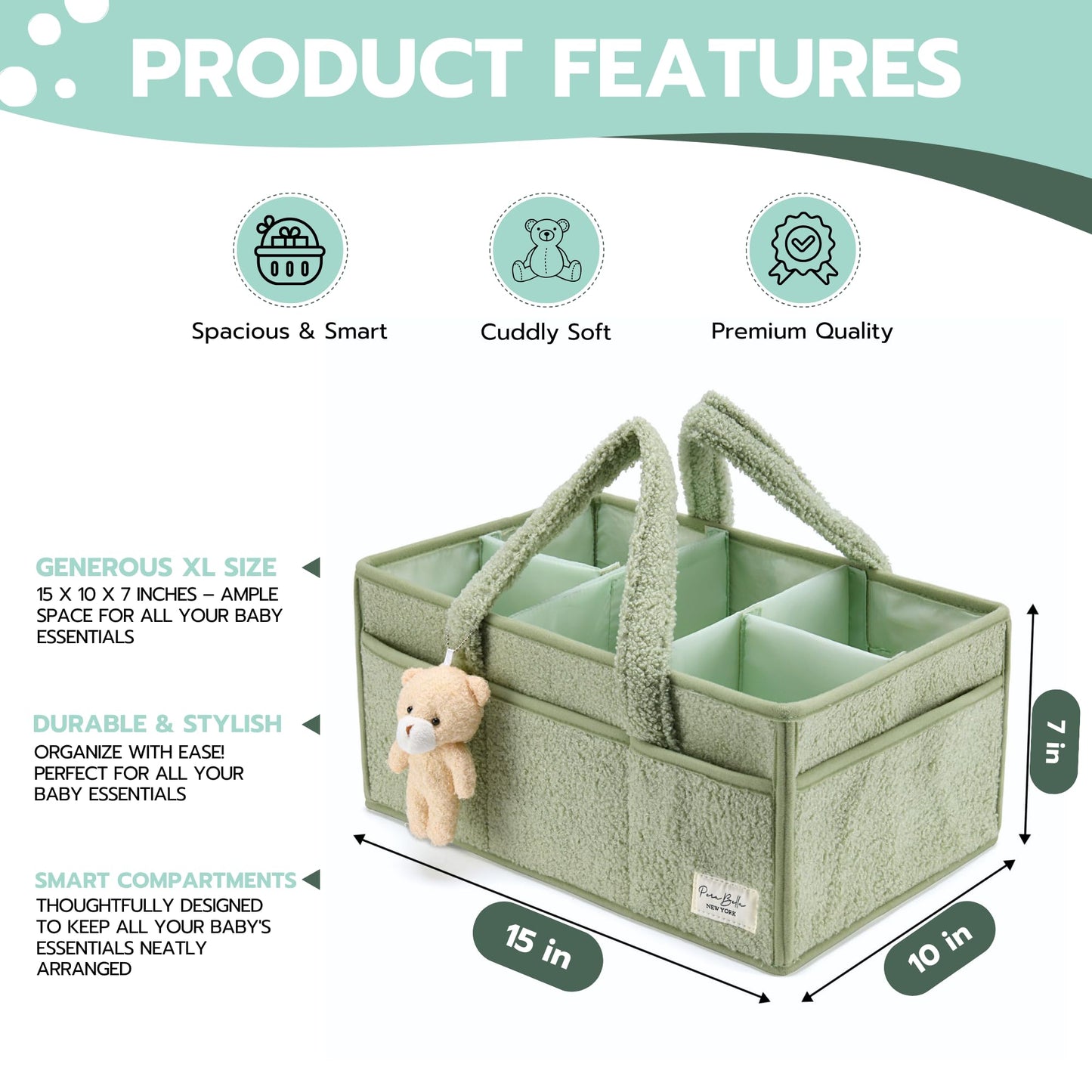 PeraBella Baby Diaper Caddy Organizer, Baby Organizers and Storage for Changing Table, Babies Shower Gift Basket for Boy &Girl, Nursery Essentials Car Caddy Organizer with Handle, Green Diaper Basket