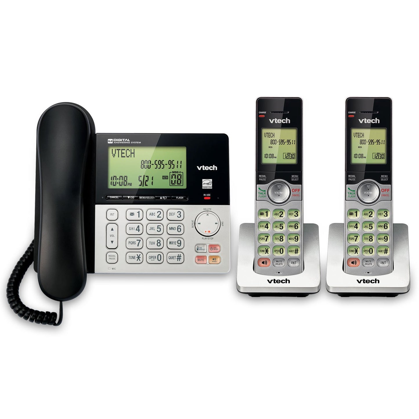 VTech CS6949-2 DECT 6.0 Corded/2-Cordless Telephone System, Black/Silver VTech