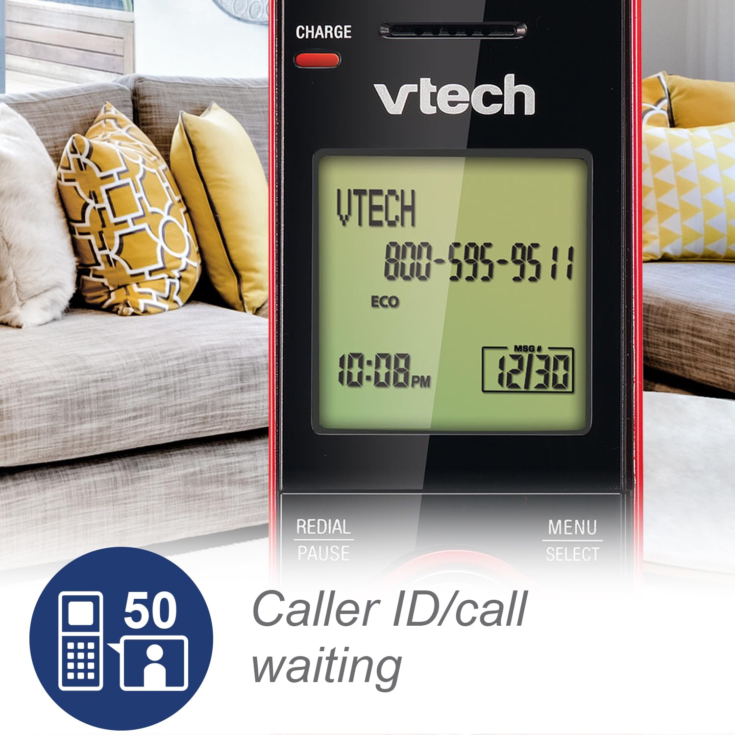 VTech DECT 6.0 Single Handset Cordless Phone with CID, Backlit Keypad and Screen, Full Duplex Handset Speakerphone, and Call Block Red VTech