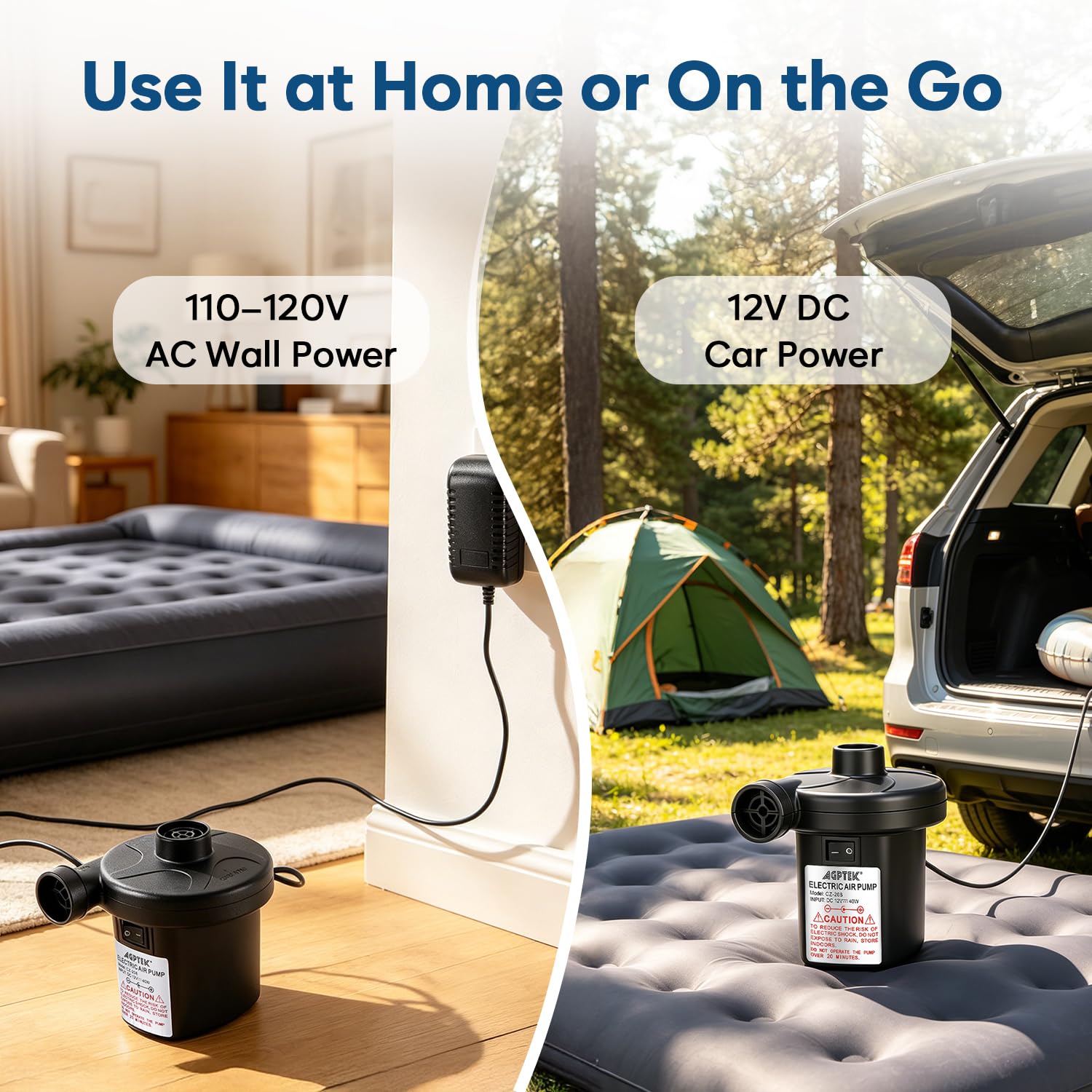 Electric Air Pump, AGPtEK Portable Quick-Fill Air Pump with 3 Nozzles, 4500 Pa 110V AC/12V DC, Perfect Inflator/Deflator Pumps for Outdoor Camping, Inflatable Cushions, Air Mattress Bed, Swimming Ring