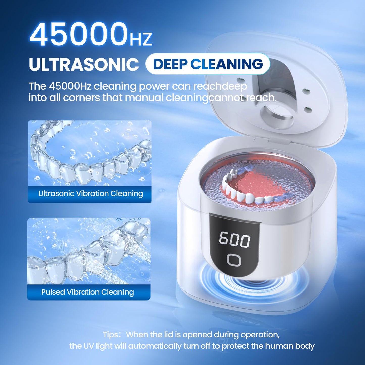 Ultrasonic Retainer Cleaner Machine, Upgraded 45kHz Ultrasonic Cleaner for Mouth Guard Braces, Night Guards, Toothbrush Heads & Jewlery with 200ML, 4 Modes and Digital Timer Dental Cleaning Pod (White) - Available at All In One Marketplace Canada
