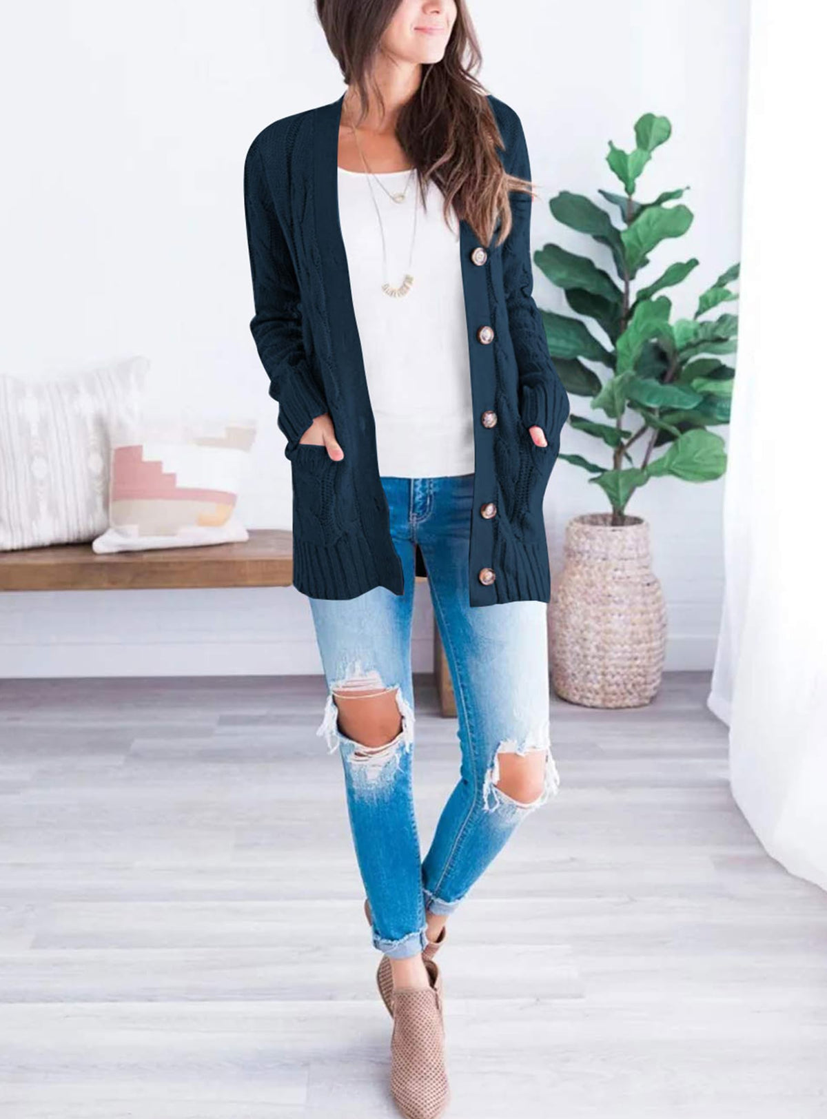 PRETTYGARDEN Women's Cable Knit Cardigan Sweaters Fall(Lake Blue,L) 🍁 All In One Marketplace Canada