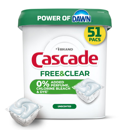 Cascade Free & Clear Dishwasher Detergent Pods, Dish Detergent Soap, 0% Added Perfume, Chlorine Beach & Dye, Unscented, 51 Count - Available at All In One Marketplace Canada