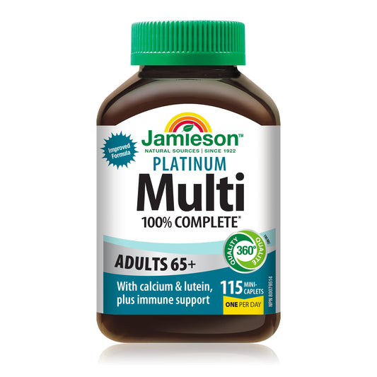 Jamieson 100% Complete Multivitamin Platinum for Adults 65+, 115 Mini Caplets. With Lycopene, Lutein and Additional Immune Support. Supports Energy, Eye Health, Bone, and Overall Health, One Per Day - Available at All In One Marketplace Canada