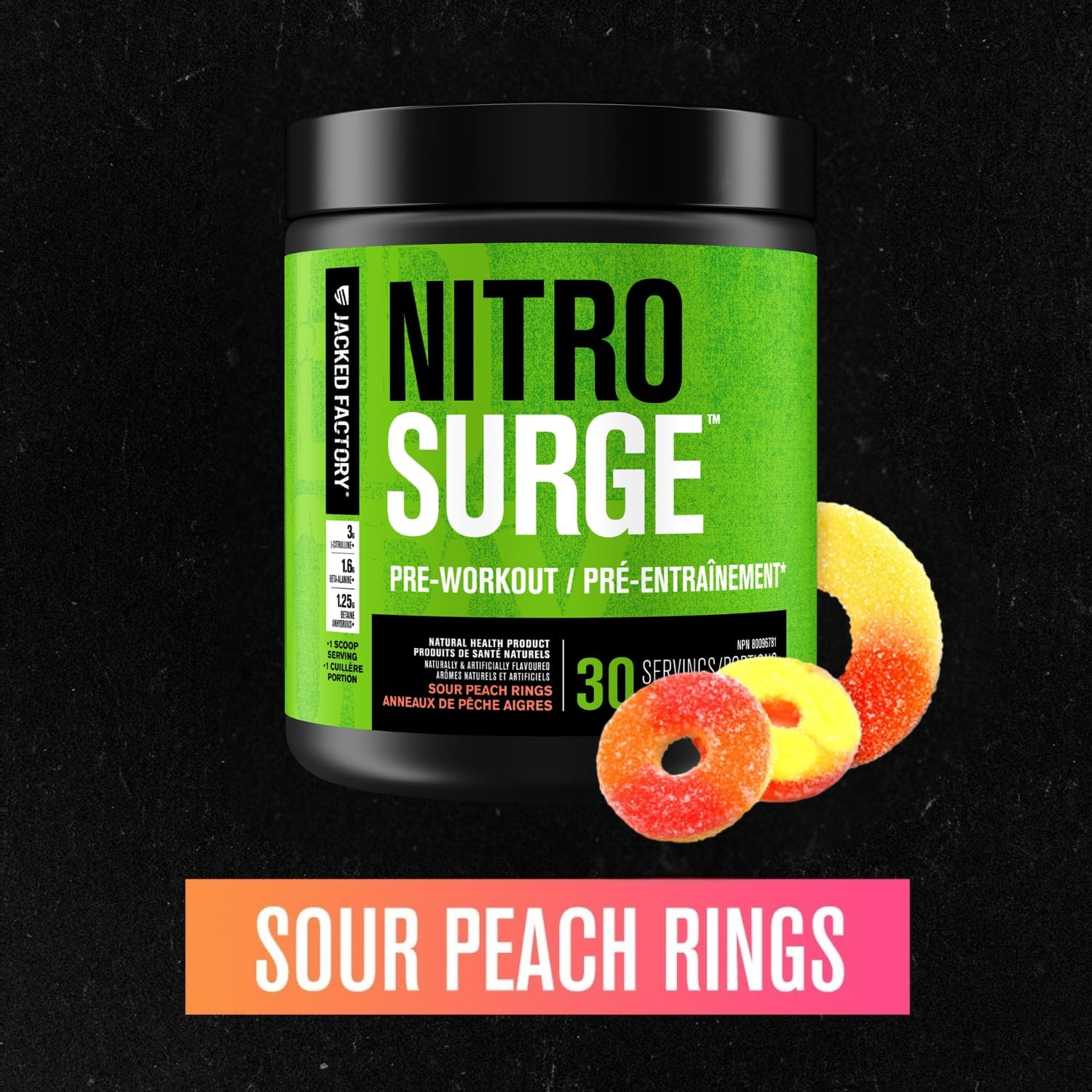 NITROSURGE Pre Workout Supplement - Endless Energy, Instant Strength Gains, Clear Focus, Intense Pumps - Nitric Oxide Booster & Preworkout Powder with Beta Alanine - 30 Servings, Sour Peach Rings