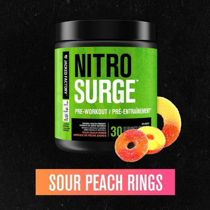NITROSURGE Pre Workout Supplement - Endless Energy, Instant Strength Gains, Clear Focus, Intense Pumps - Nitric Oxide Booster & Preworkout Powder with Beta Alanine - 30 Servings, Sour Peach Rings
