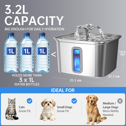Veken Innovation Award Winner Stainless Steel Cat Water Fountain, 108oz/3.2L Pet Fountain with 7 Replacement Filters & 7 Pre-Filter Sponges & Silicone Mat, for Cats, Dogs (Silver)