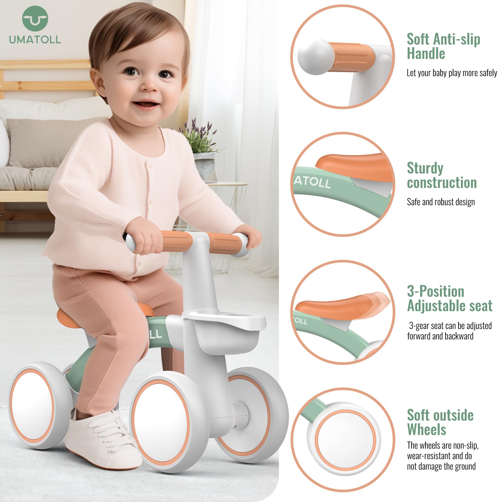 Umatoll Baby Balance Bike Toys for 1 Year Old Boys Girls Gifts, Adjustable Seat Baby Walker, First Birthday Gifts, 12-24 Months Toddler Ride on Toys with Removable Basket, Green