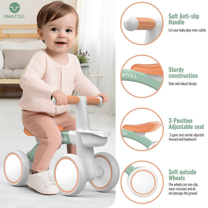 Umatoll Baby Balance Bike Toys for 1 Year Old Boys Girls Gifts, Adjustable Seat Baby Walker, First Birthday Gifts, 12-24 Months Toddler Ride on Toys with Removable Basket, Green